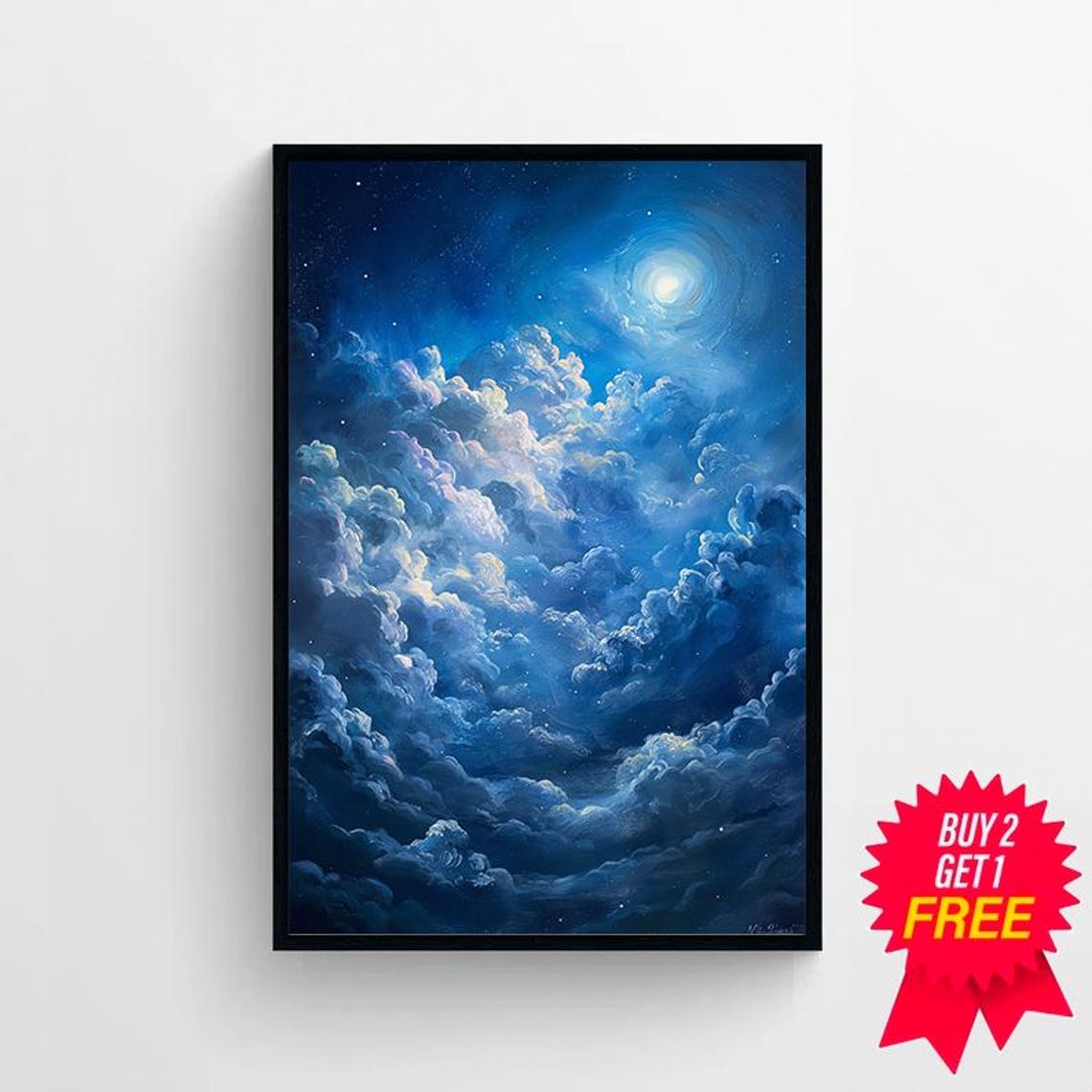 Glowing Moon Over Dramatic Night Clouds Celestial Oil Painting Print - Image 4