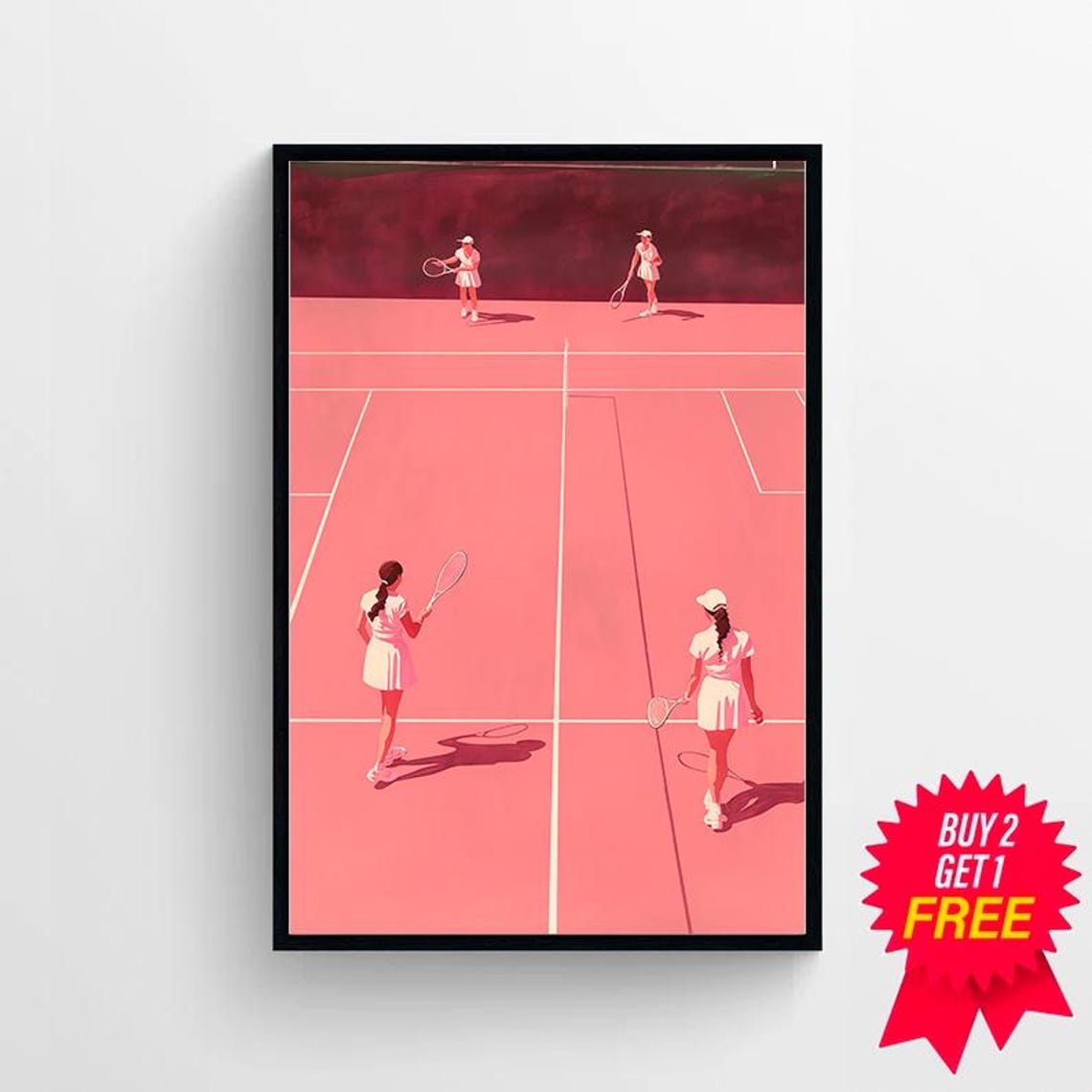Pink Tennis Court Minimalist Illustration with Four Players Poster - Image 4