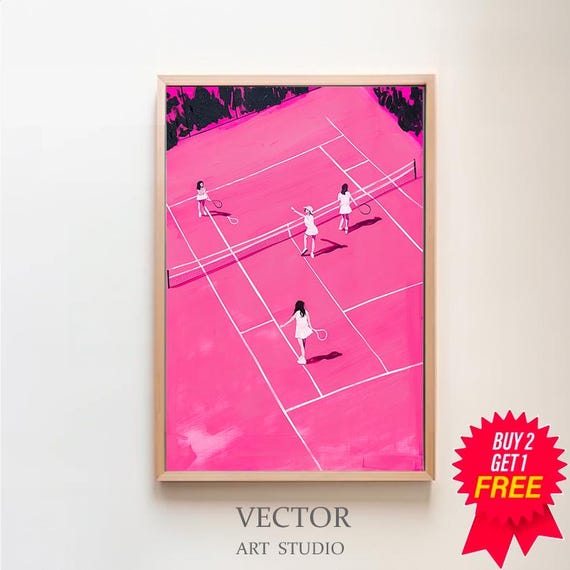Tennis Art Print Pink Sports Illustration Minimalist Wall Decor Tennis Poster Vintage Tennis Wall Art Small People Art