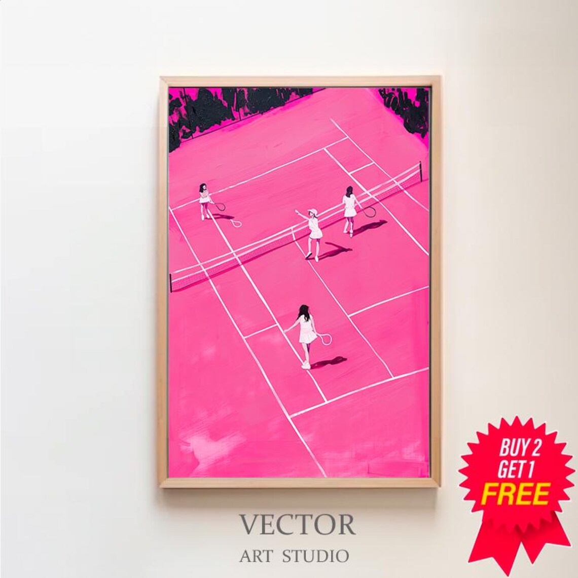 Bold Hot Pink Tennis Court Illustration with Four Small Players Poster