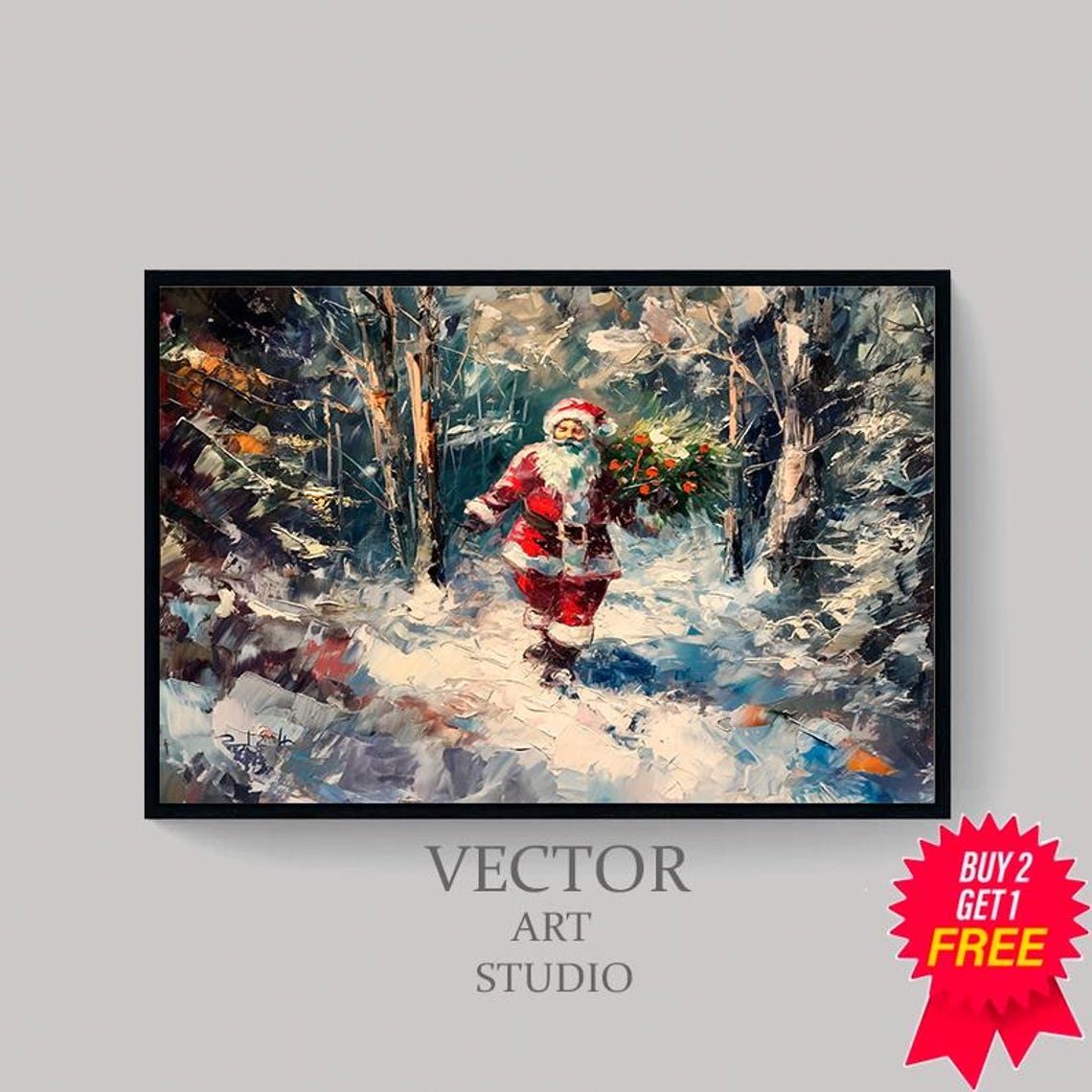 Santa Claus With Christmas Tree Walking In Snowy Forest Art Poster - Image 4