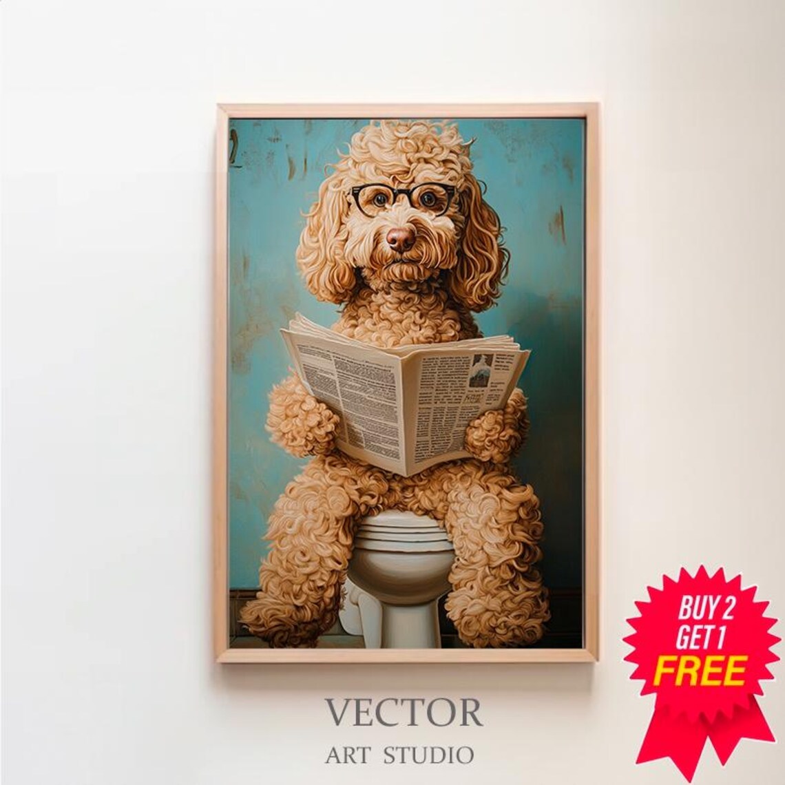 Goldendoodle With Glasses Reading Newspaper On The Toilet Dog Poster