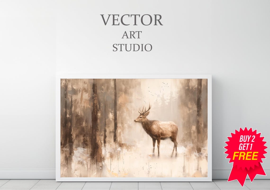 Standing Stag In Misty Beige Forest Vintage Style Deer Poster - Image 3