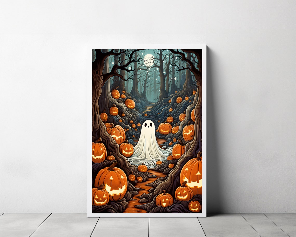 Cute Ghost Among Jack O Lanterns in a Moonlit Pumpkin Forest Poster - Image 3