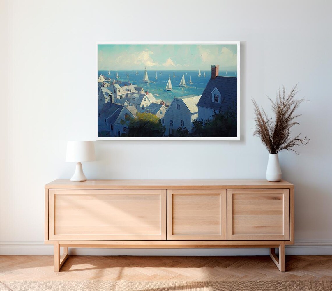 Seaside Village With White Houses And Sailboats Painterly Poster - Image 2