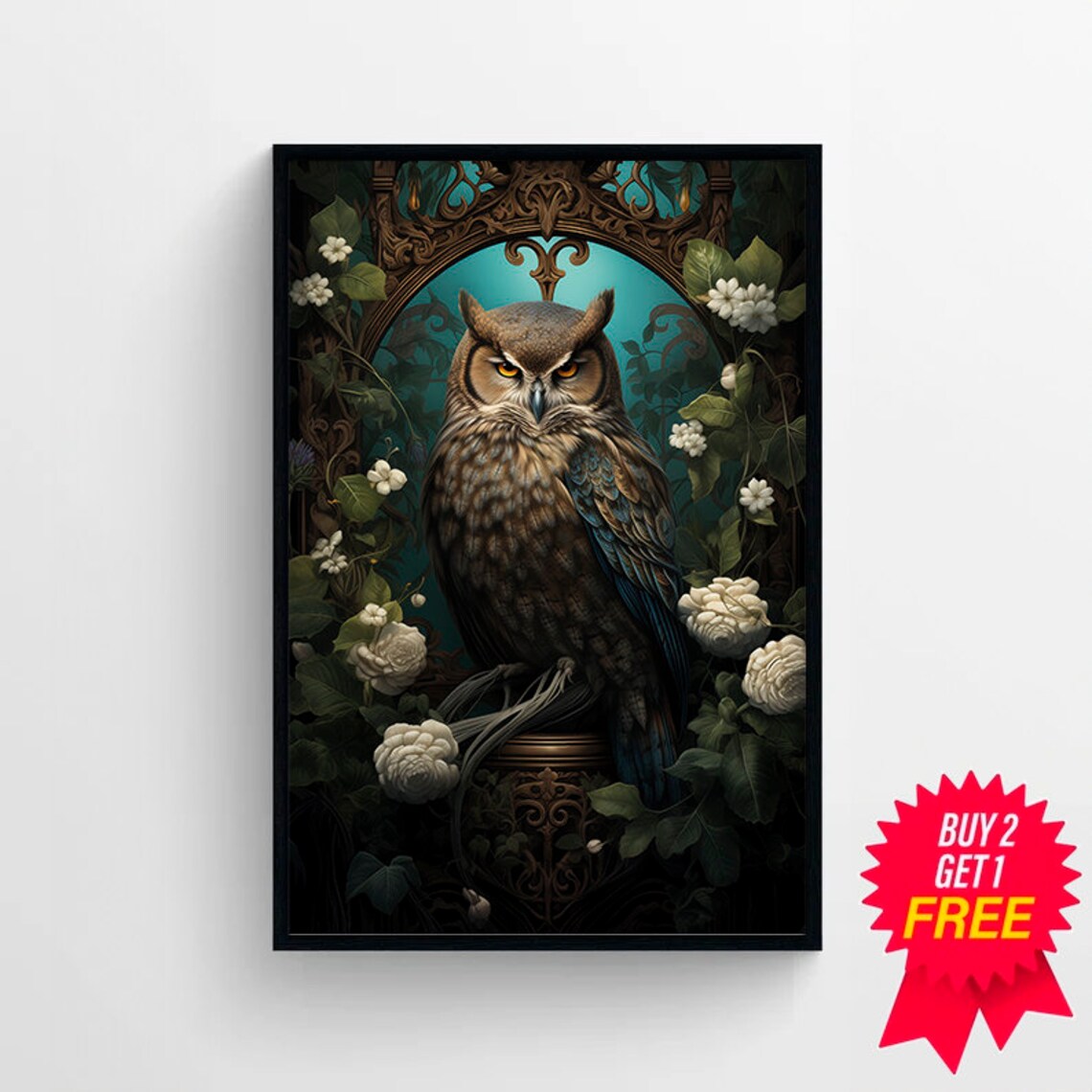 Owl Under a Golden Arch with White Roses Gothic Fantasy Art Poster - Image 4