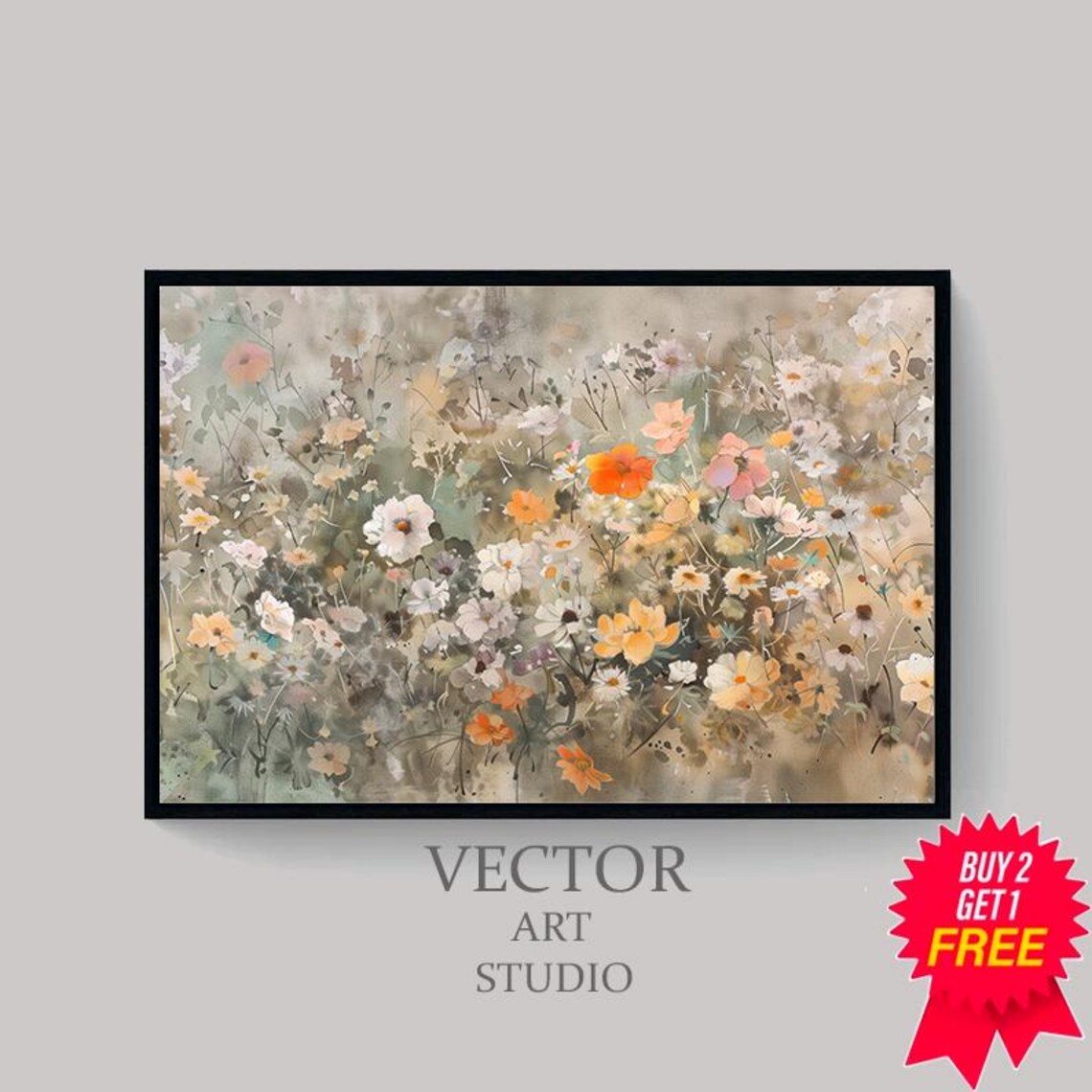 Muted Sage Wildflowers Orange White Blooms Vintage Floral Poster - Image 4