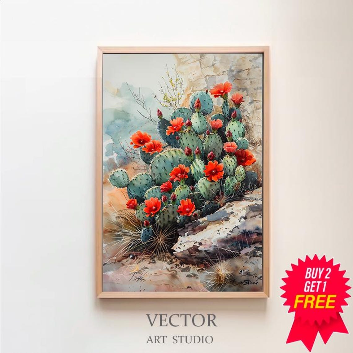 Red Blooming Prickly Pear Cactus by Rocky Cliff Watercolor Poster