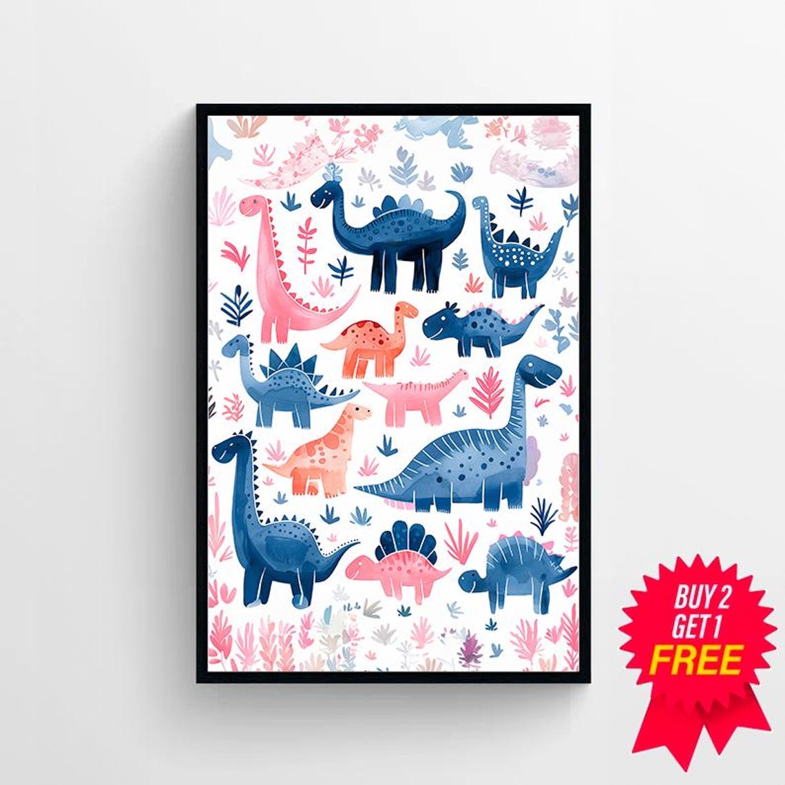 Pink and Blue Dinosaurs Prehistoric Pattern Kids Nursery Poster - Image 4