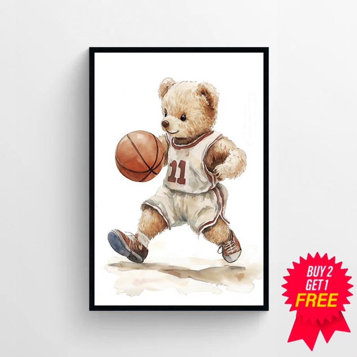 Teddy Bear Basketball Player Number 11 Watercolor Nursery Poster - Image 4