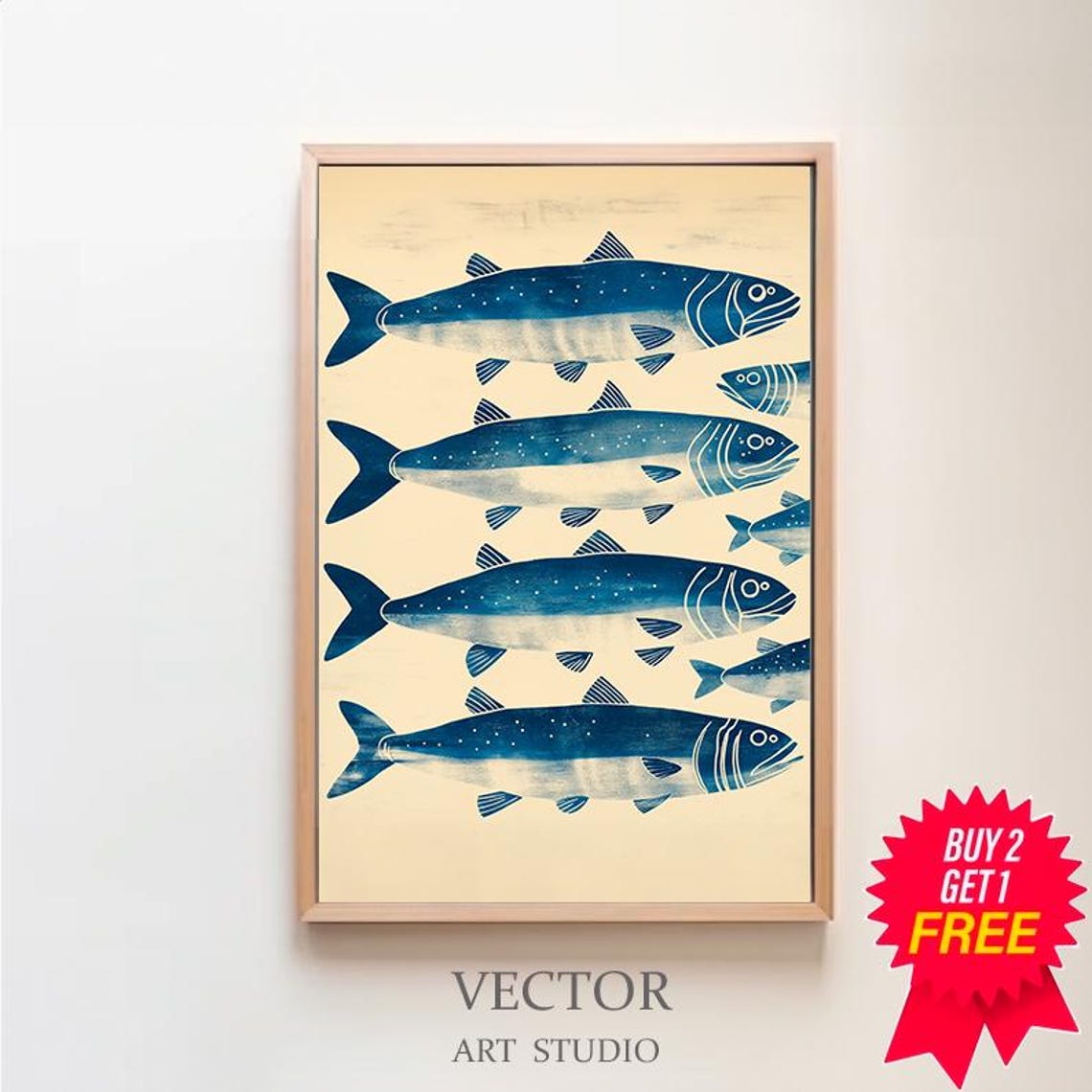 Blue Sardine School Woodblock Style Retro Fish Kitchen Art Poster
