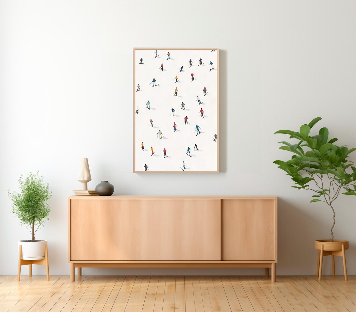 Minimalist Aerial View of Colorful Skiers on White Snow Poster - Image 2