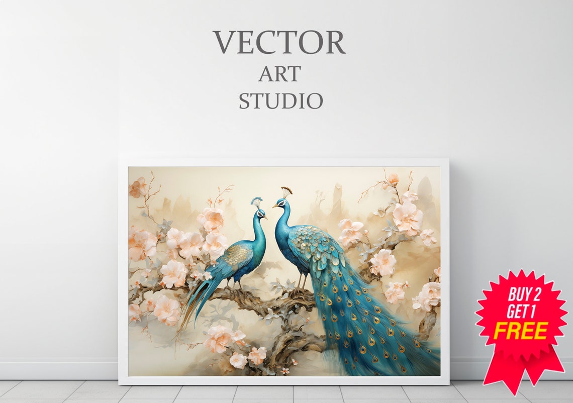 Two Peacocks Flowering Branch Blossom Chinoiserie Style Art Poster - Image 3