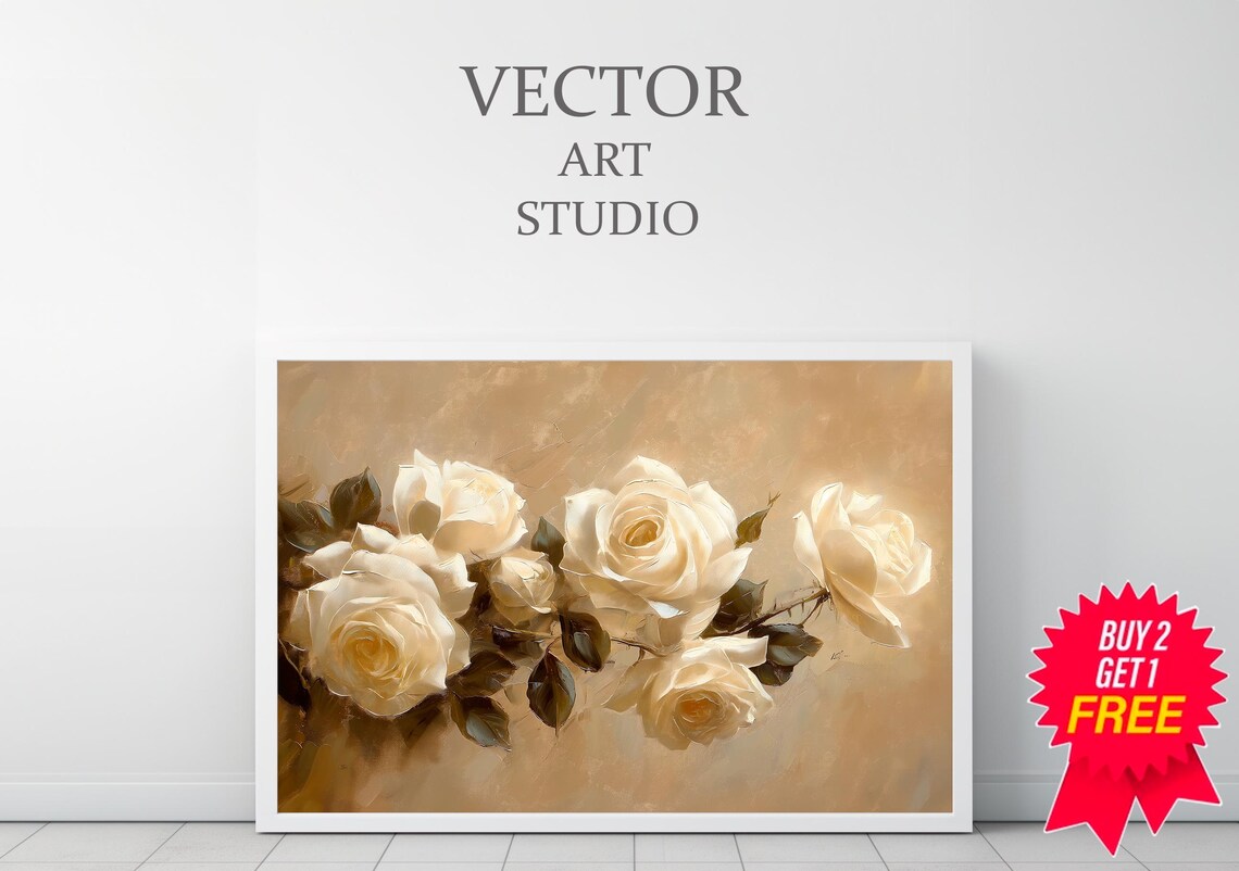 White Cream Roses Blooming Branch Vintage Neutral Floral Art Poster - Image 3