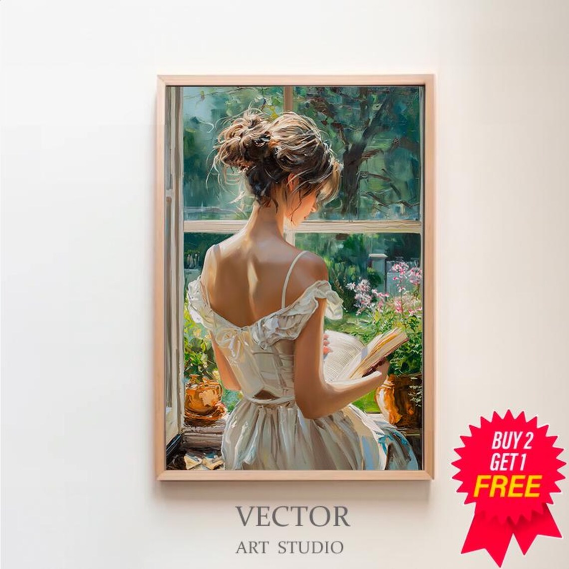 Woman Reading a Book at a Sunlit Garden Window Vintage Art Poster