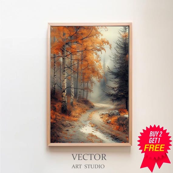 Vintage Fall Print Dark Moody Wall Art Autumn Landscape Decor Framed Cottagecore Wall Decor Rustic Farmhouse Art