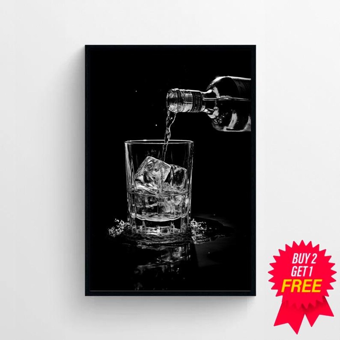 Black and White Whisky Pour Glass Bottle Bar Photograph Poster - Image 4