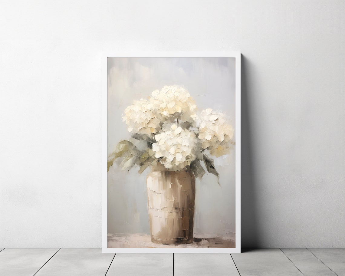 White Hydrangeas in a Ceramic Vase Soft Farmhouse Floral Poster - Image 3