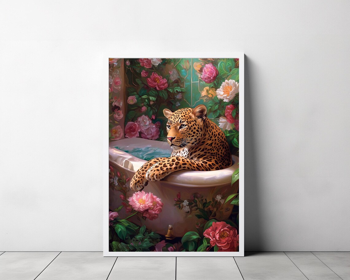 Leopard Relaxing in a Floral Bathtub Maximalist Bathroom Art Poster - Image 3