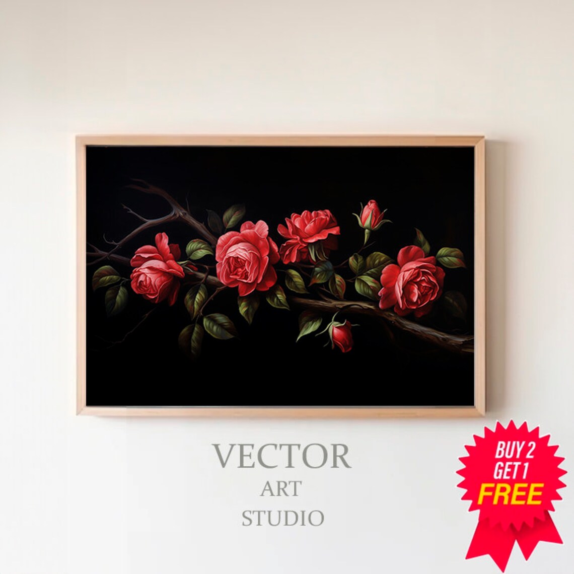 Red Roses on Branch Black Background Moody Floral Oil Poster