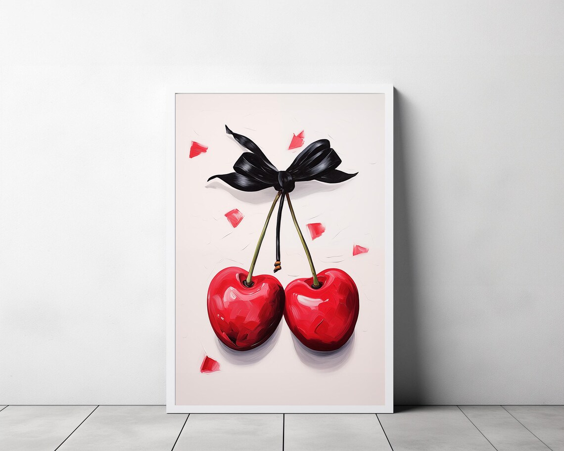 Cherry Wall Art Print Feminine Poster Trendy Wall Art Coquette Pink Bow Soft Girl Bedroom Decor Preppy College Apartment Print - Image 3