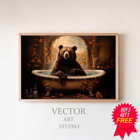 Brown Bear in Vintage Bathtub by Arched Window Funny Animal Art Poster