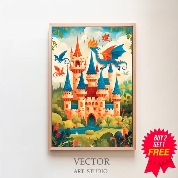 Fantasy Castle And Dragon Print Kids Posters Decor Whimsical Fairytale Art Magical Kingdom Instant Nursery Wall Art