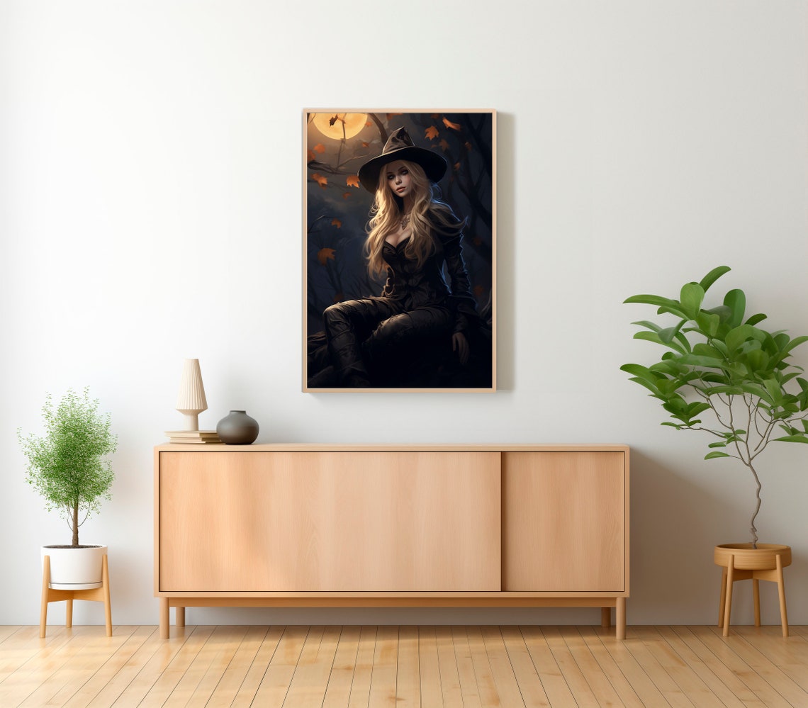 Blonde Witch in Moonlit Autumn Woods Gothic Halloween Poster - Image 2
