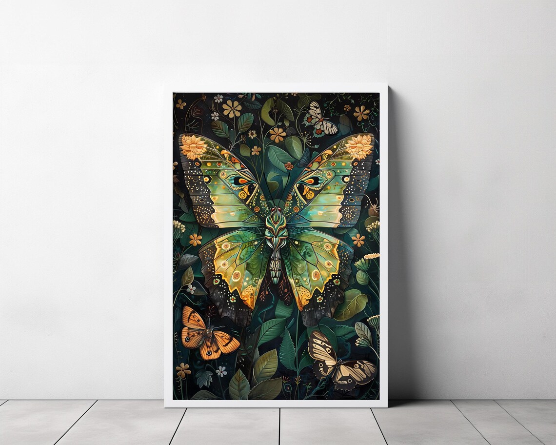 Ornate Butterfly with Iridescent Wings in Dark Botanical Garden Poster - Image 3