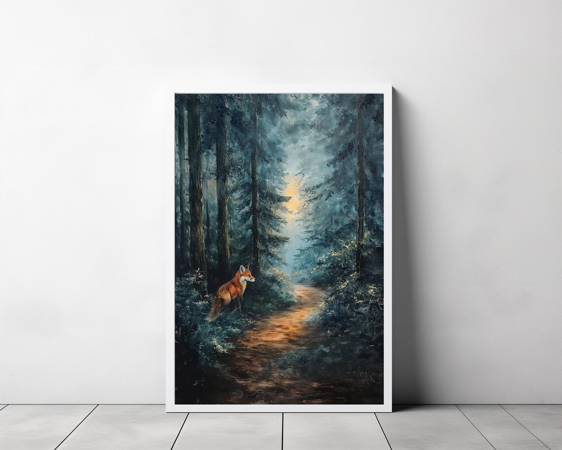 Red Fox in a Misty Blue Forest on a Glowing Golden Path Oil Painting Poster - Image 3