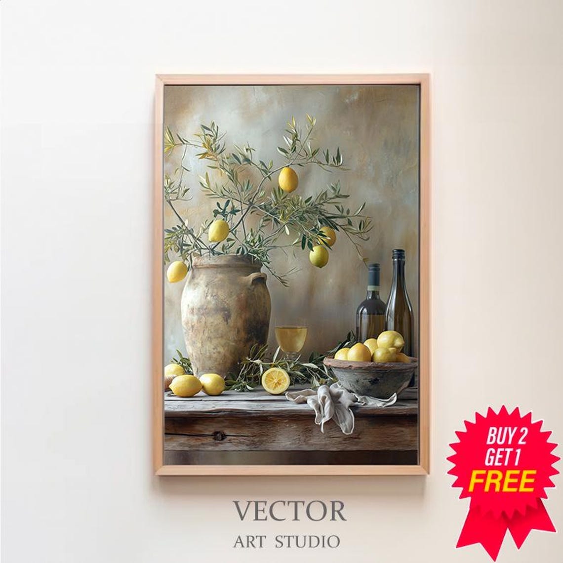 Lemon Branches in Clay Urn Mediterranean Still Life Kitchen Art Print