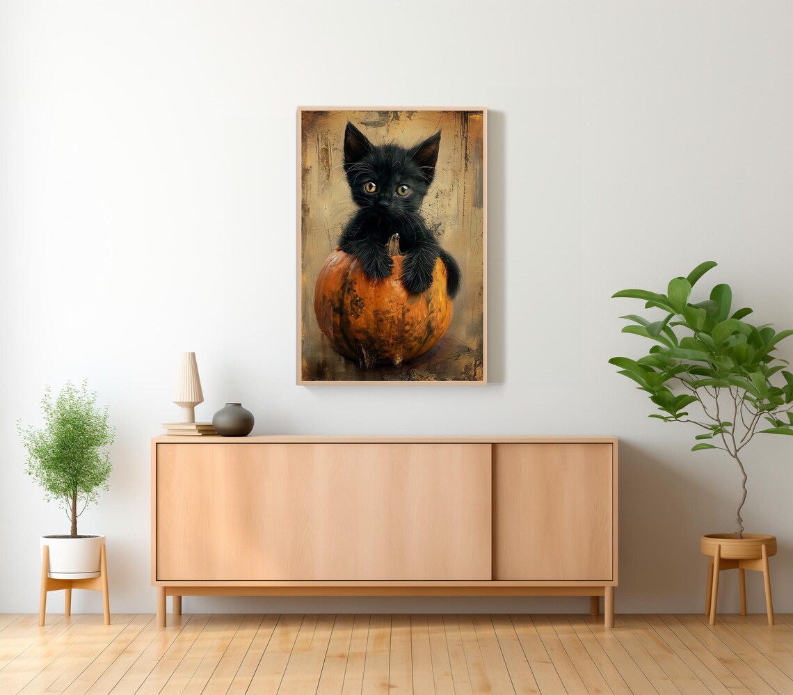 Black Kitten Peeking Out of Pumpkin Cute Halloween Cat Art Poster - Image 2