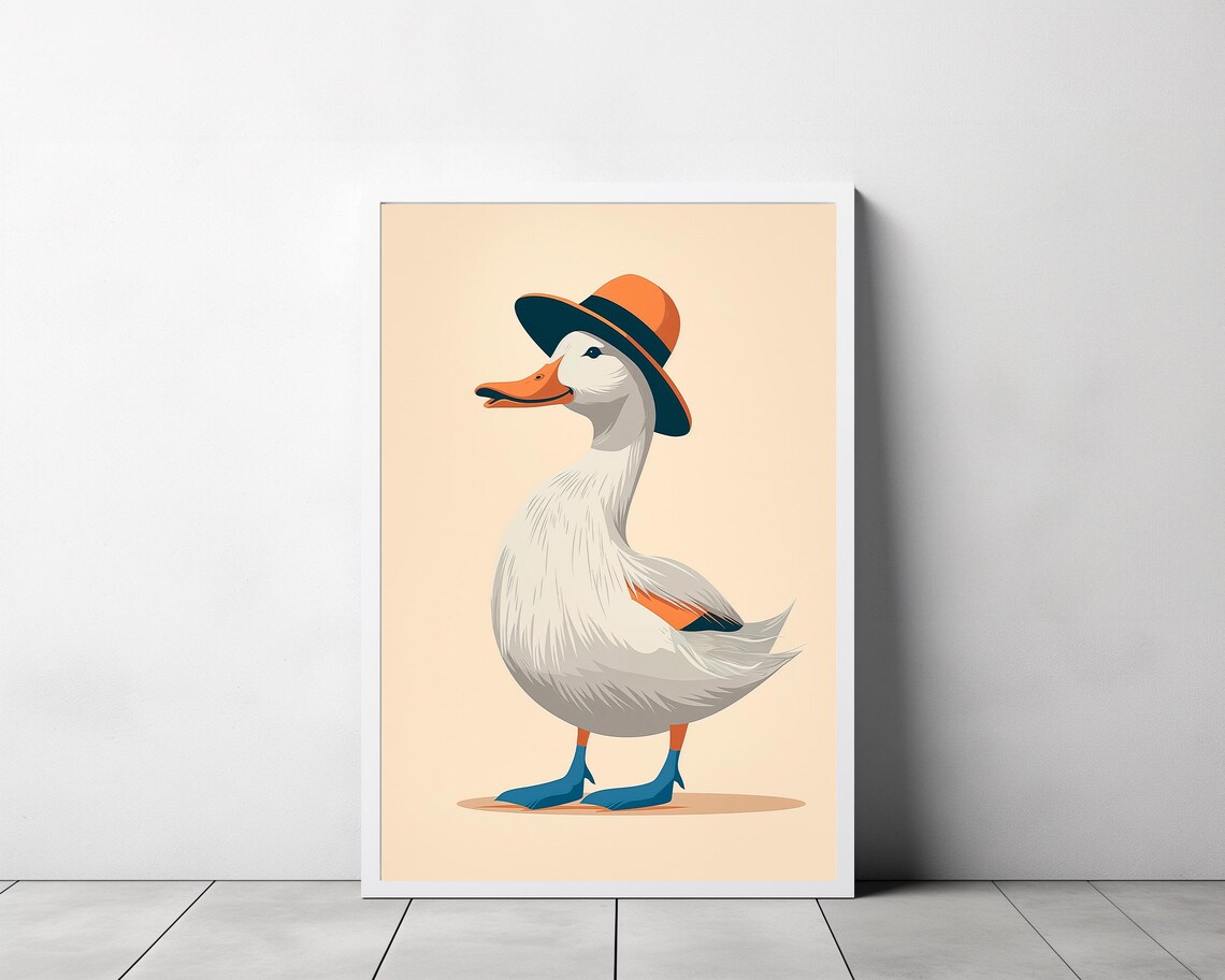Stylish Cartoon Duck in Orange Fedora Hat Cute Kids Room Poster - Image 3