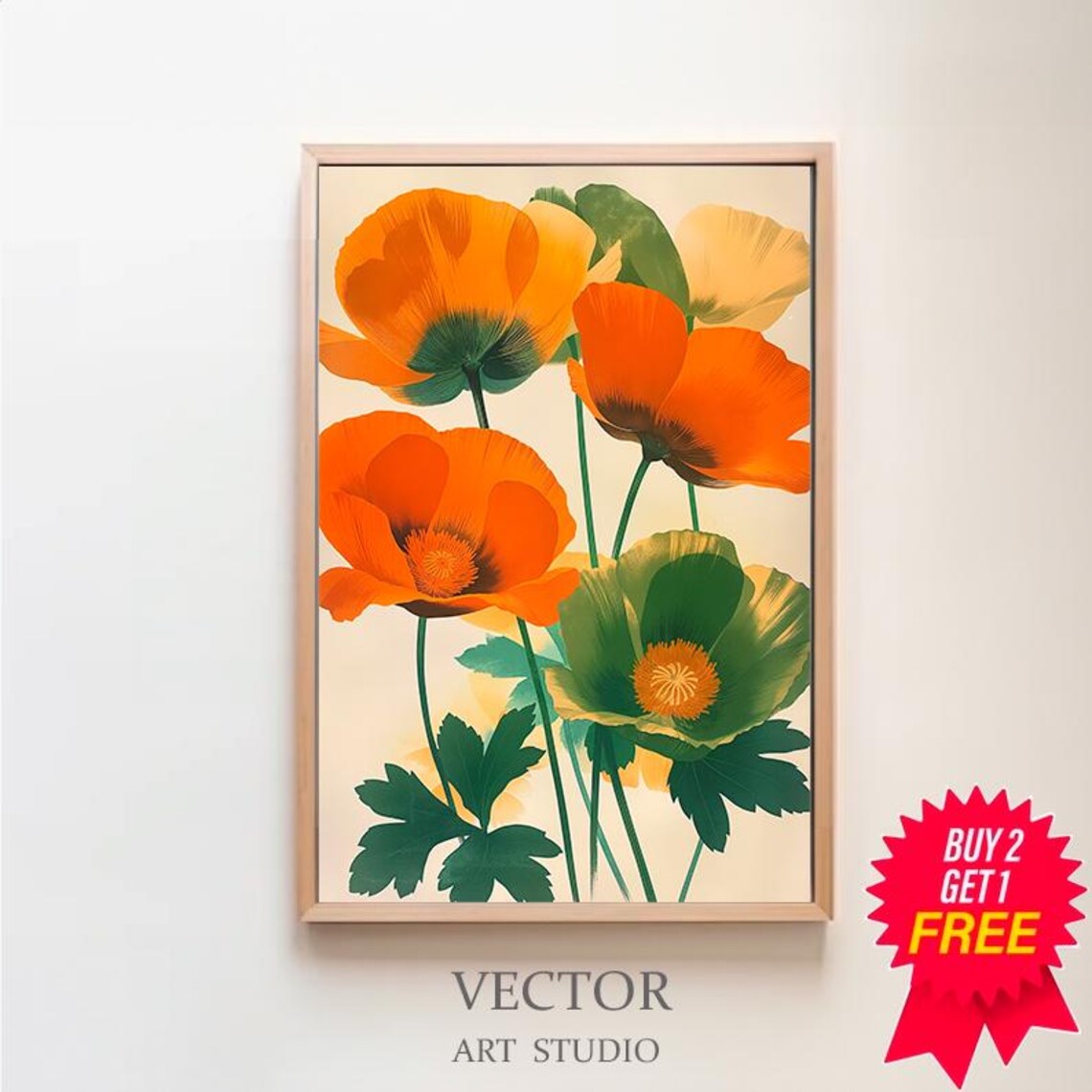 Orange and Green Poppies Modern Bold Botanical Floral Poster
