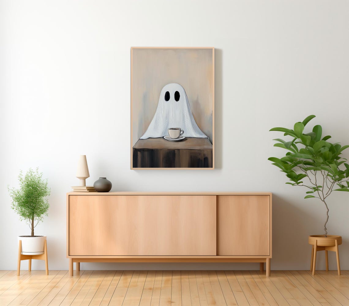 Cute Ghost Behind Table with Coffee Whimsical Painting Poster - Image 2
