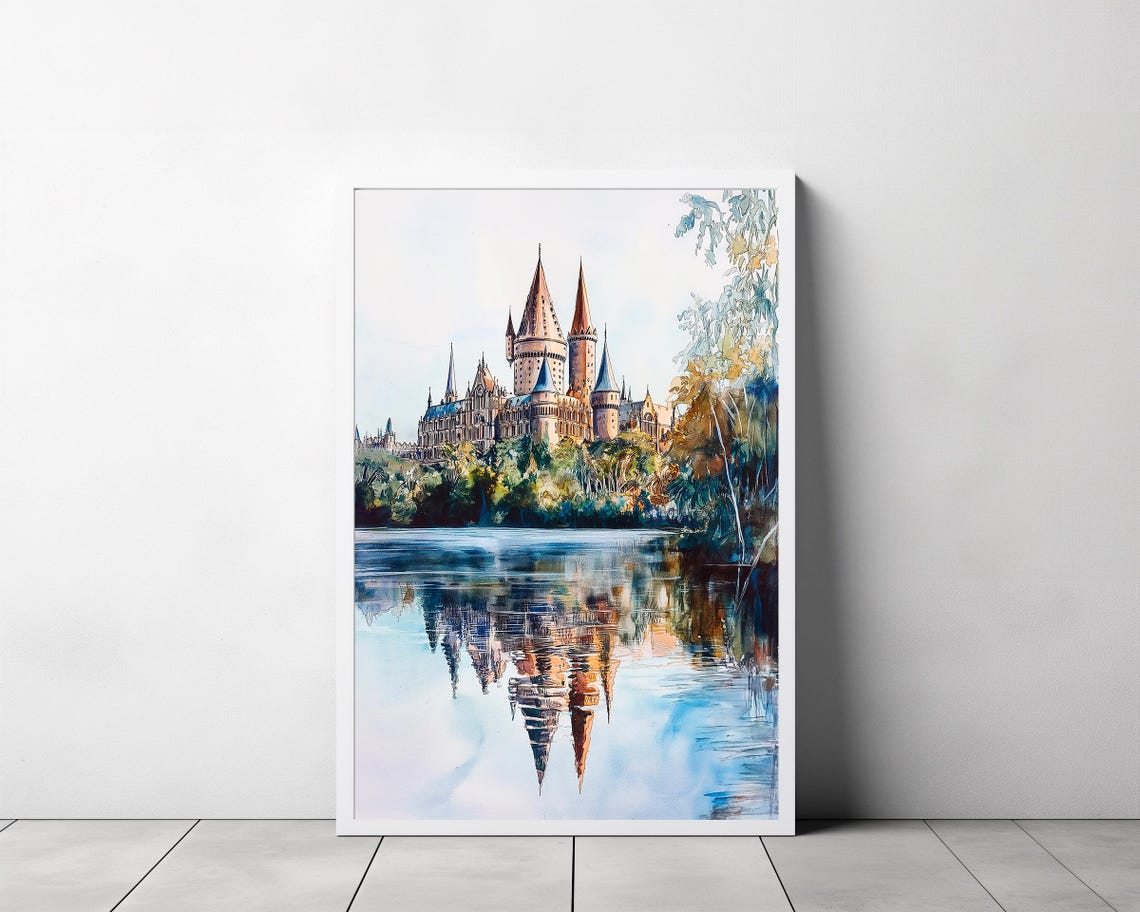 Wizard Castle Daytime Lake Blue Trees Watercolor Painting Poster - Image 3