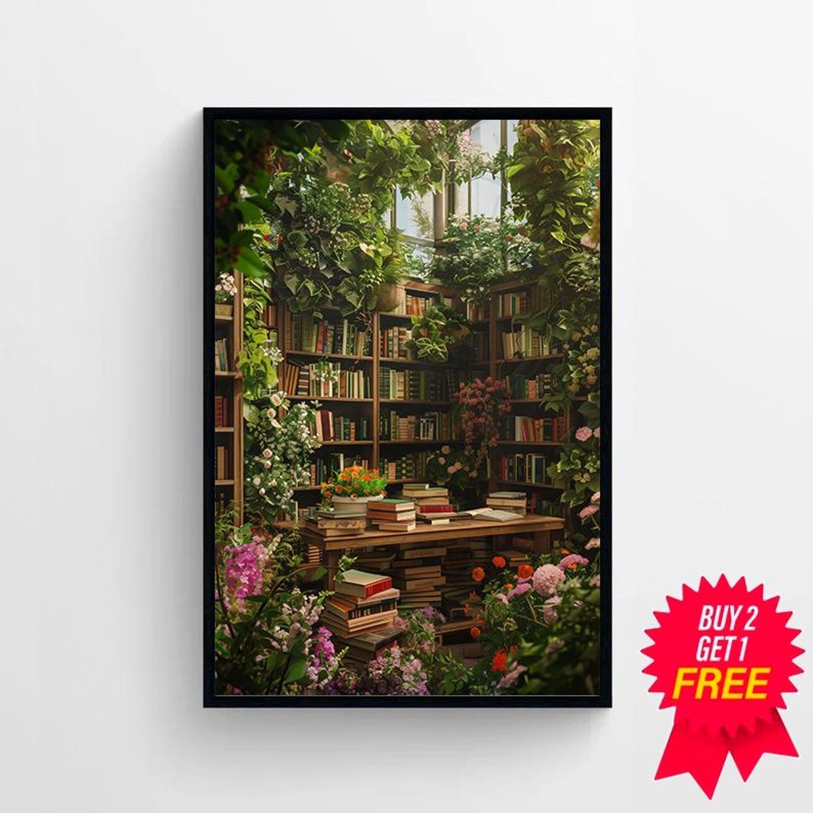 Overgrown Greenhouse Library Painting with Flowers and Books Poster - Image 4