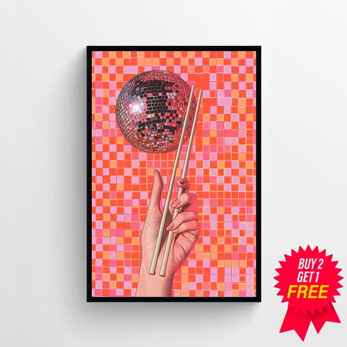 Disco Ball Lifted by Chopsticks on a Pink and Orange Pixel Grid Poster - Image 4