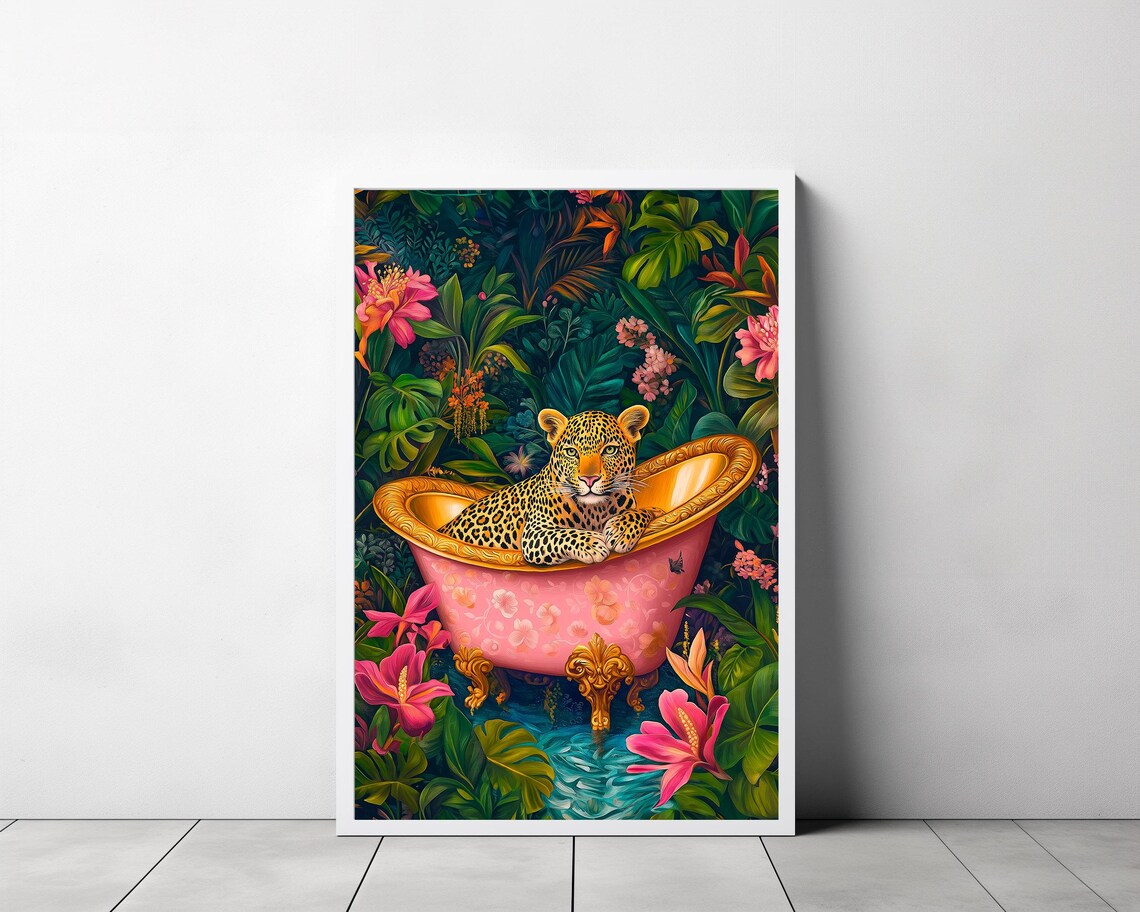 Leopard Resting in Pink Bathtub Surrounded by Jungle Flowers Poster - Image 3