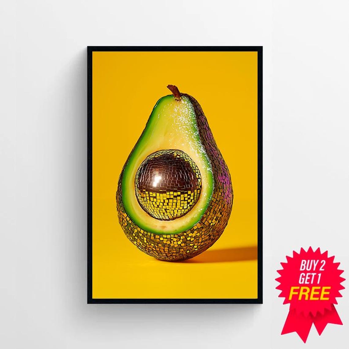 Disco Ball Avocado Still Life Painting on Yellow Background Poster - Image 4