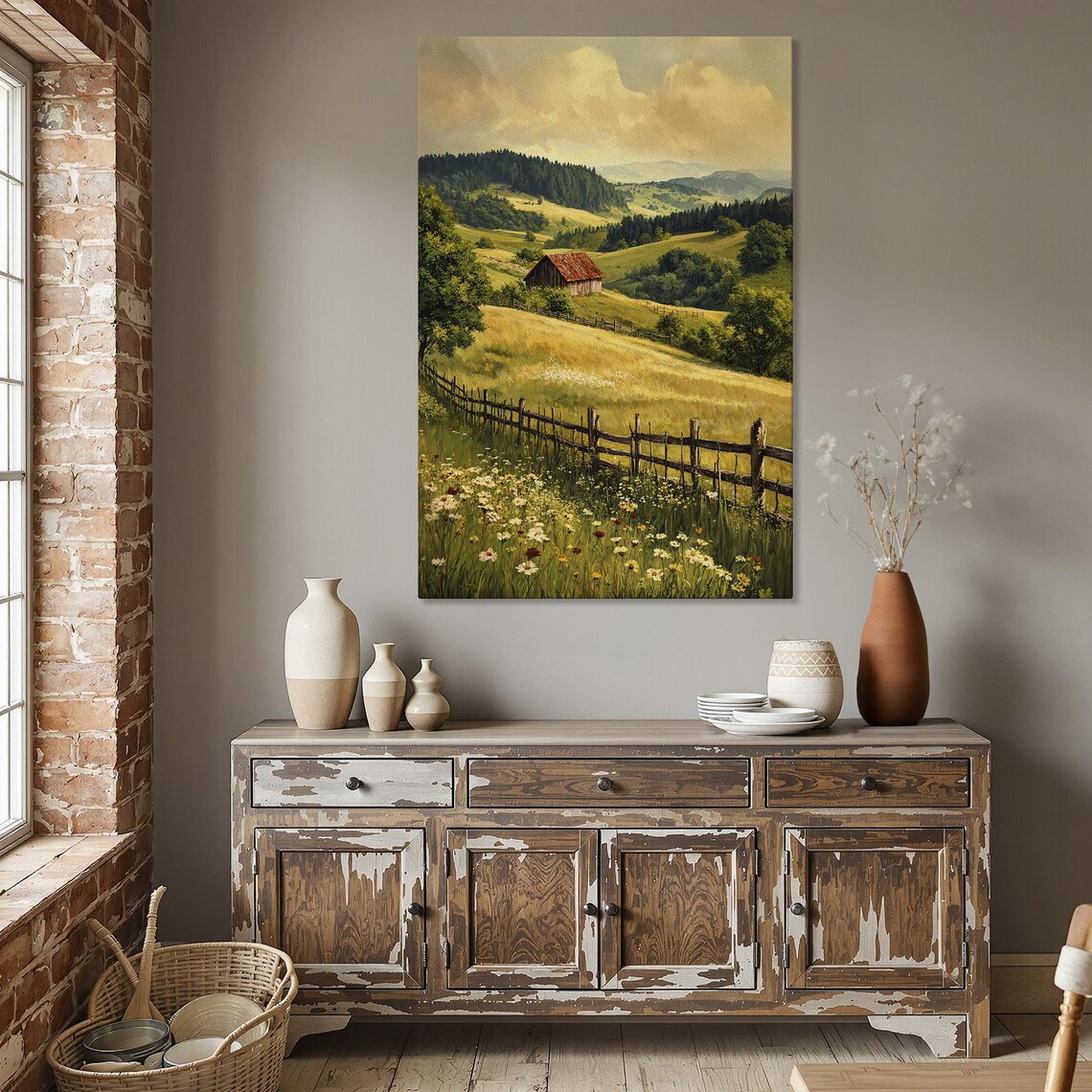 Sunny Farmhouse Valley Meadow with Wooden Fence Landscape Poster