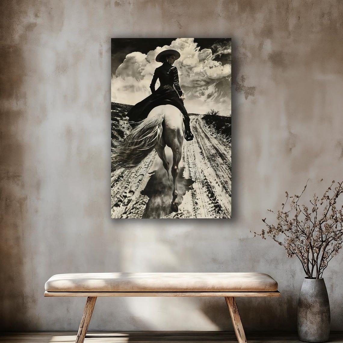 Black and White Cowgirl Riding Horse Down Dusty Trail Poster - Image 3