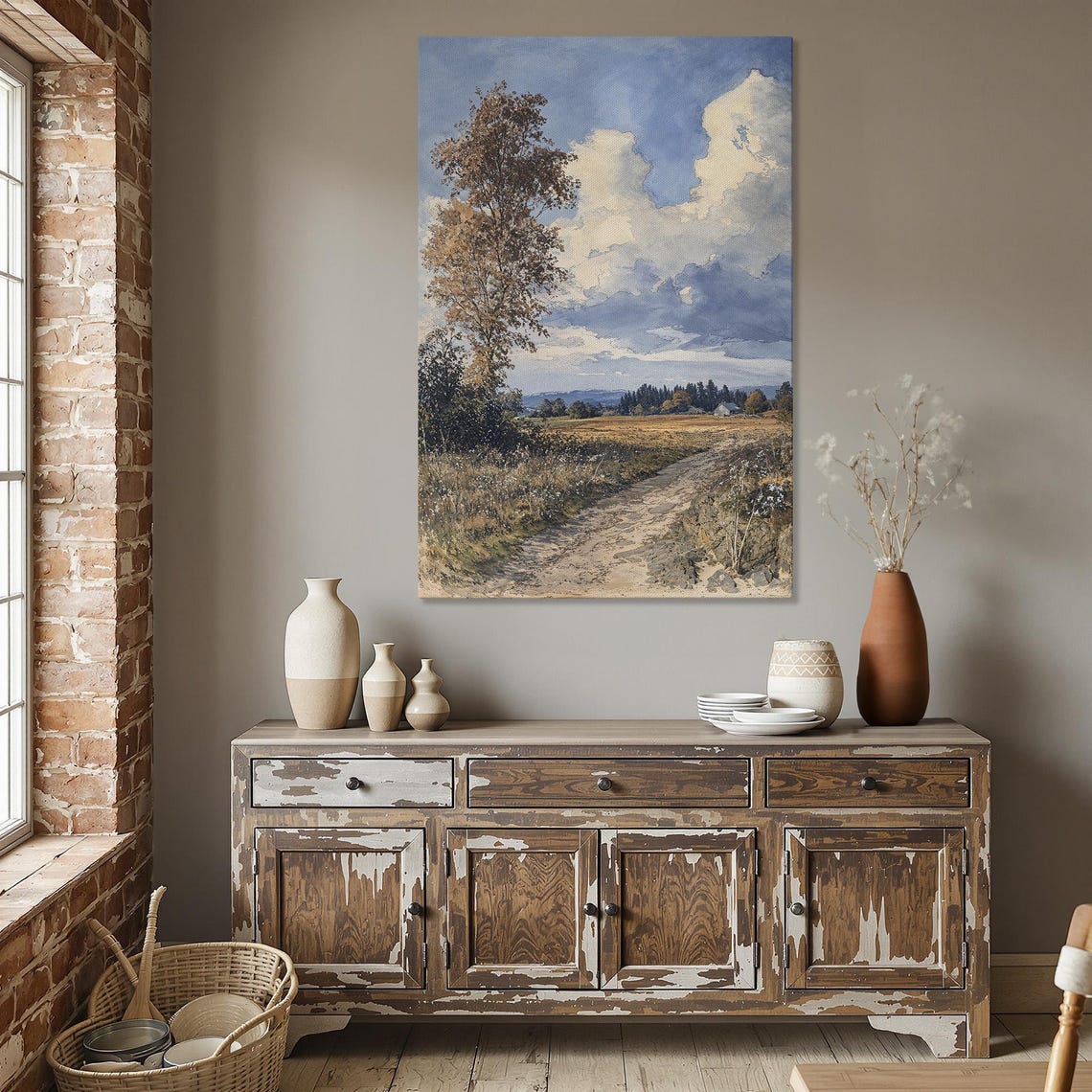 Golden Autumn Country Road Towering Old Tree Cloudscape Poster