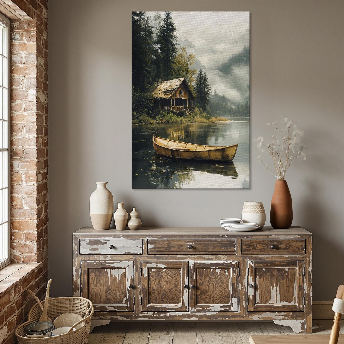 Rustic Lake Cabin With Rowboat, Countryside Art Print