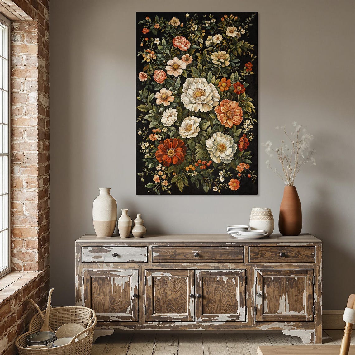 Vintage Peony Floral Bouquet Rustic Botanical Black Canvas Wall Art