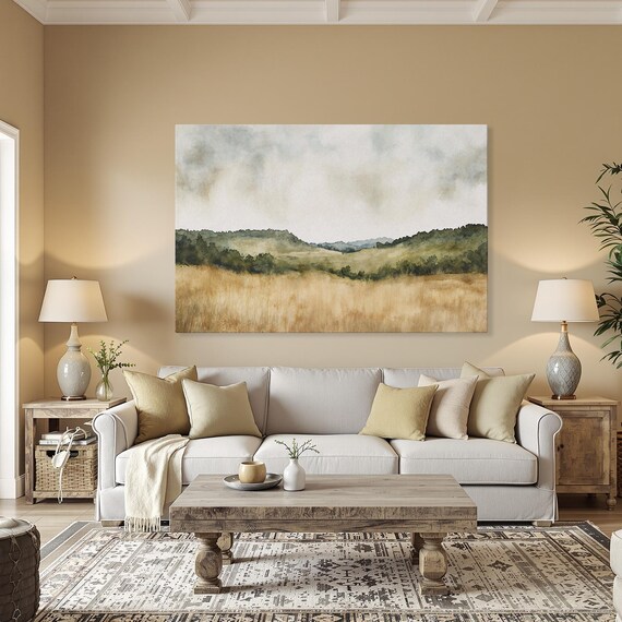 Golden Autumn Field Rolling Hills Watercolor Landscape Poster