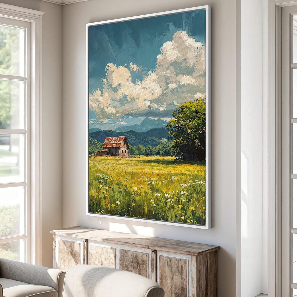 Rustic Red Barn in Blooming Meadow Mountain Landscape Poster - Image 3