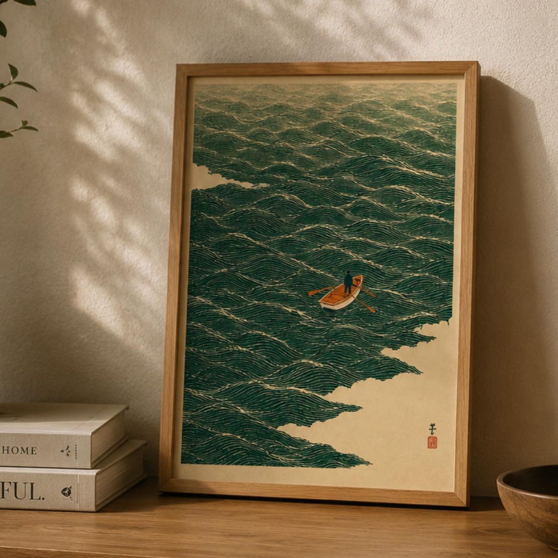 Lone Boat on Emerald Waves Japanese Woodblock Style Art Print