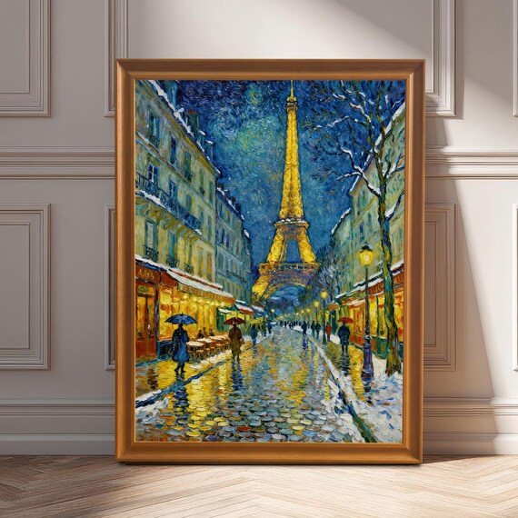 Eiffel Tower Art Print Starry Night Style Winter Paris Street Framed Gicle