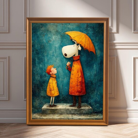 Dog Holding Umbrella Over Boy In Rain Whimsical Nursery Art Print